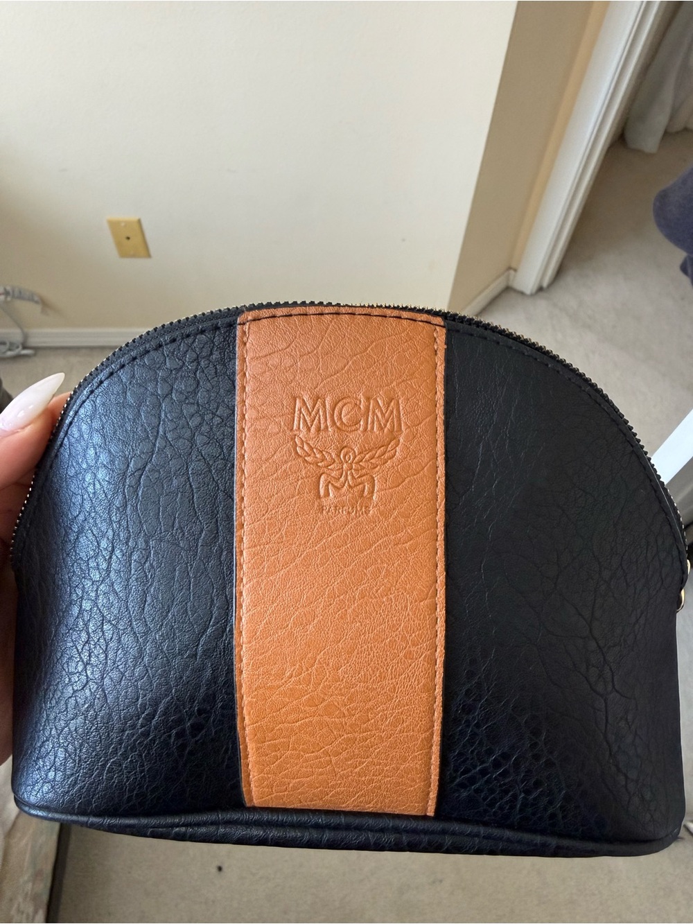 MCM Black Leather Toiletry Pouch with Tan Center Stripe